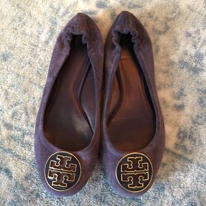 Tory Burch Purple Suede Enamel Logo Reva Flats